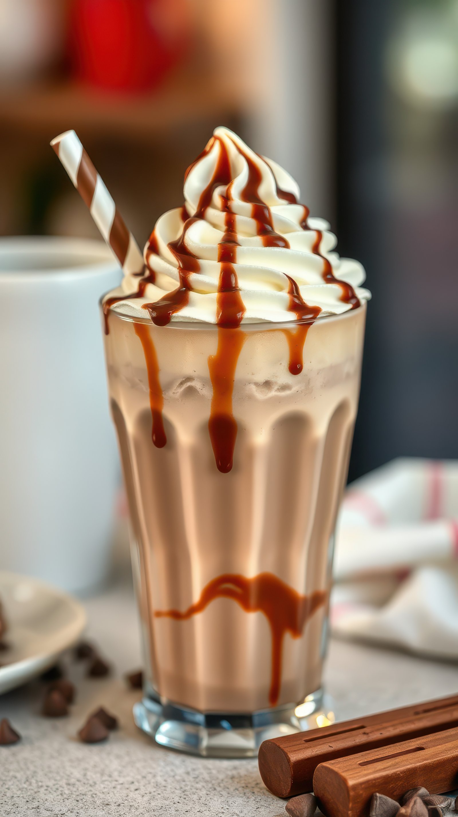 Creamy caramel milkshake topped with whipped cream and chocolate drizzle ready to enjoy at a cozy café